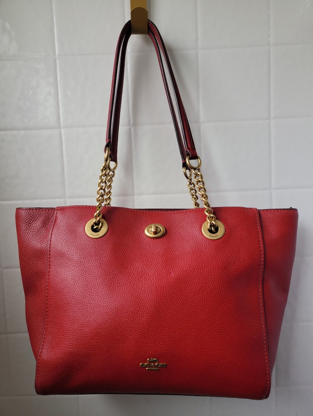 Coach Red Pebbled Leather Tote with Gold Chain Straps
